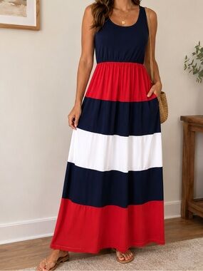 USA Red White Blue Maxi Dress Sleeveless Casual Summer Dress Americana July 4th